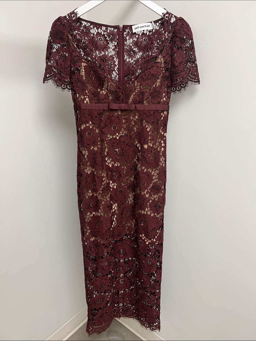 Self-Portrait Wine Lace Midi Dress with Satin Waist Bow